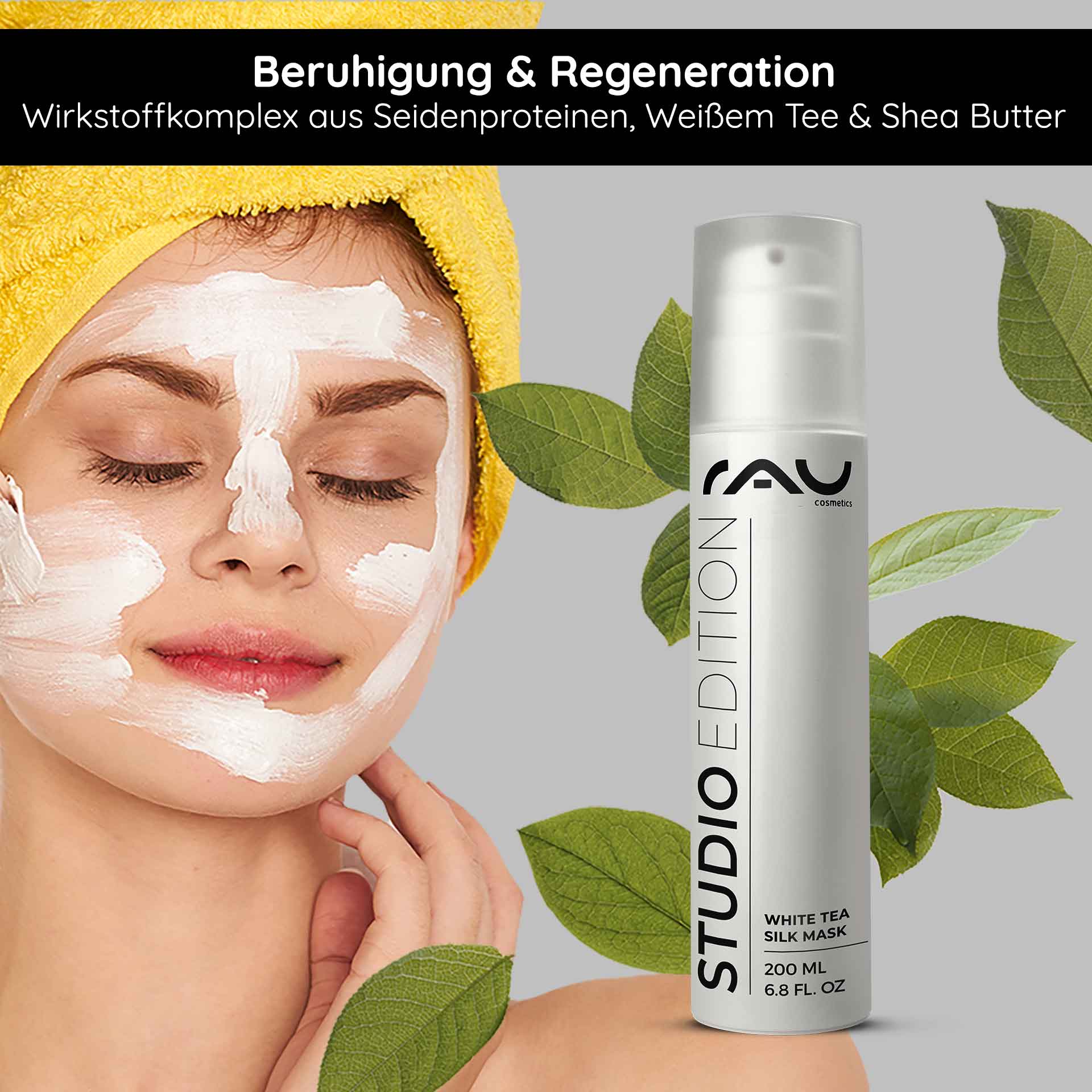 White Tea Silk Mask 200 ml Rich Cream & Mask Frau mit Gesichtsmaske aus Weißem Tee und Seidenproteinen, entspannend mit Hand am Hals, umgeben von grünen Blättern und Produktflasche der RAU White Tea Silk Mask, betont Hautpflege und Regeneration.