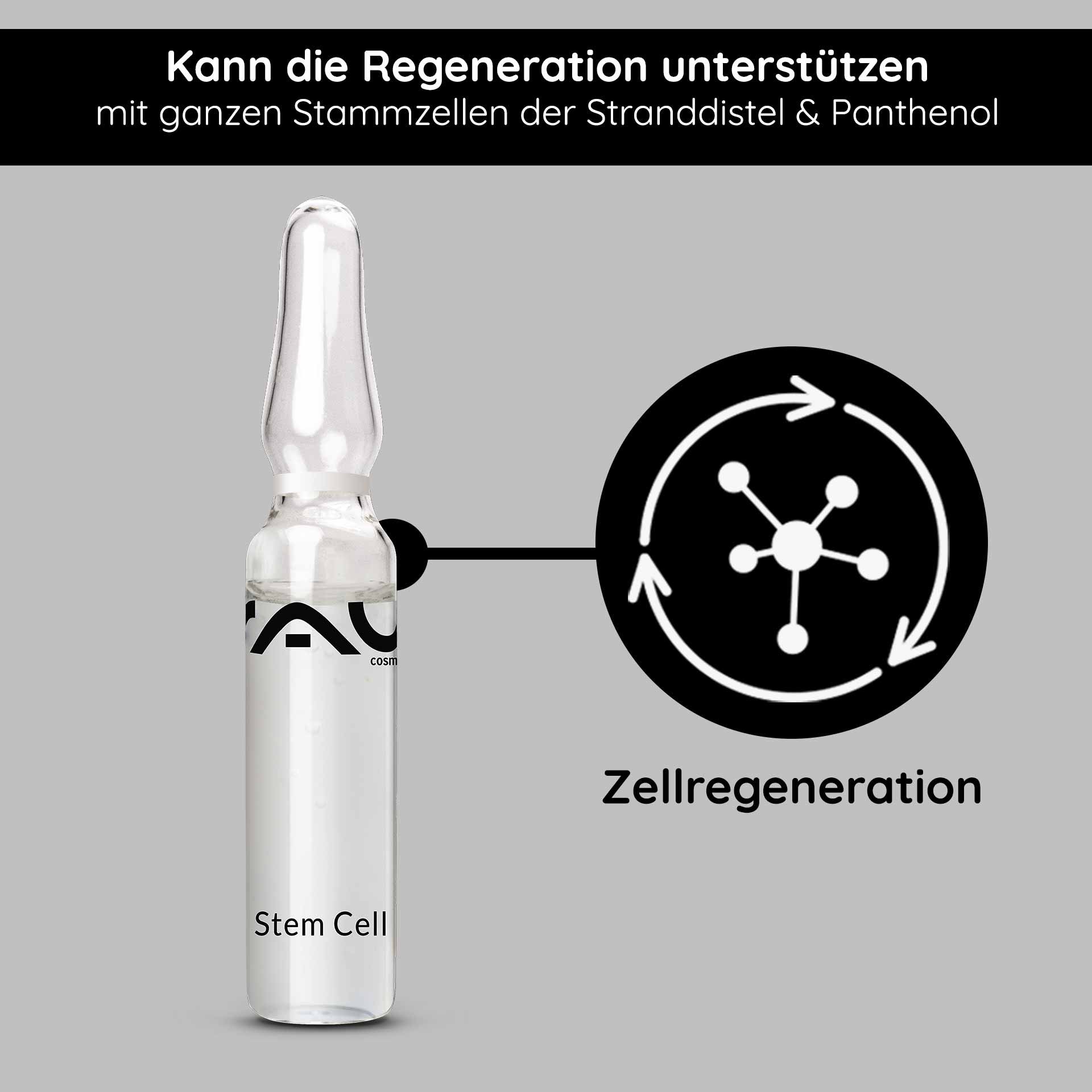 Ampoule with RAU Stem Cell Serum, transparent, labeled "Stem Cell", supports cell regeneration, contains whole stem cells of sea holly and panthenol, on a gray background.