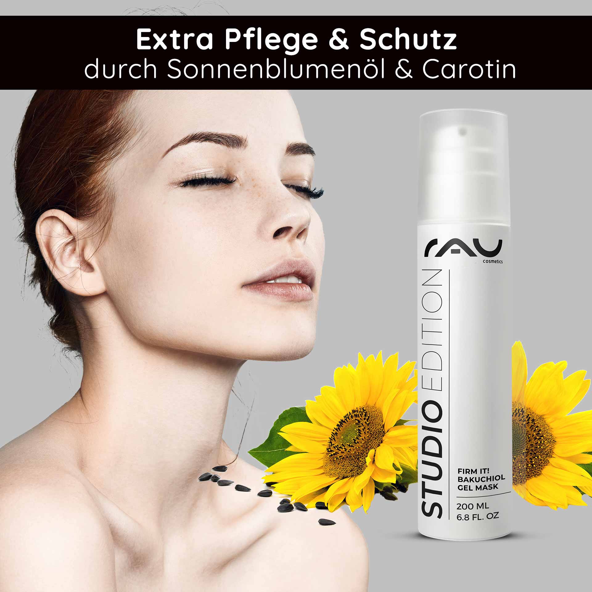 Firm it! Bakuchiol Gel Mask 200 ml Anti Aging & Moisture Frau mit glatter Haut und geschlossenen Augen, präsentiert die RAU Firm it! Bakuchiol Gel Maske 200 ml, umgeben von Sonnenblumen und -samen, betont die Vorteile von Sonnenblumenöl und Karotin für Hautpflege und Anti-Aging.