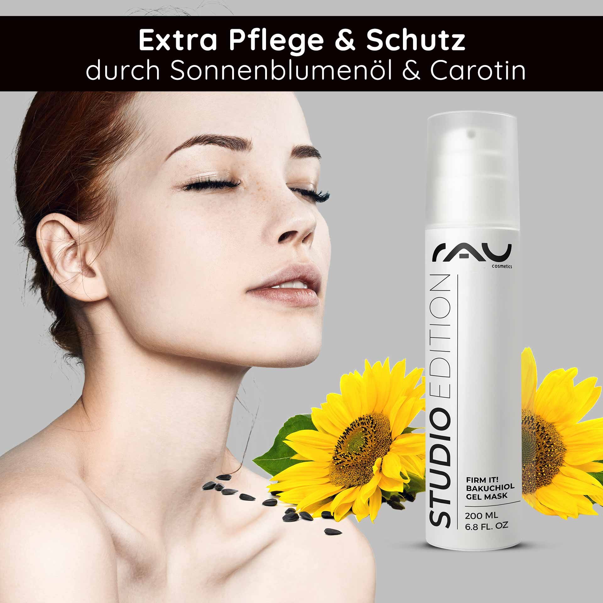 Frau mit glatter Haut und geschlossenen Augen, präsentiert die RAU Firm it! Bakuchiol Gel Maske 200 ml, umgeben von Sonnenblumen und -samen, betont die Vorteile von Sonnenblumenöl und Karotin für Hautpflege und Anti-Aging.
