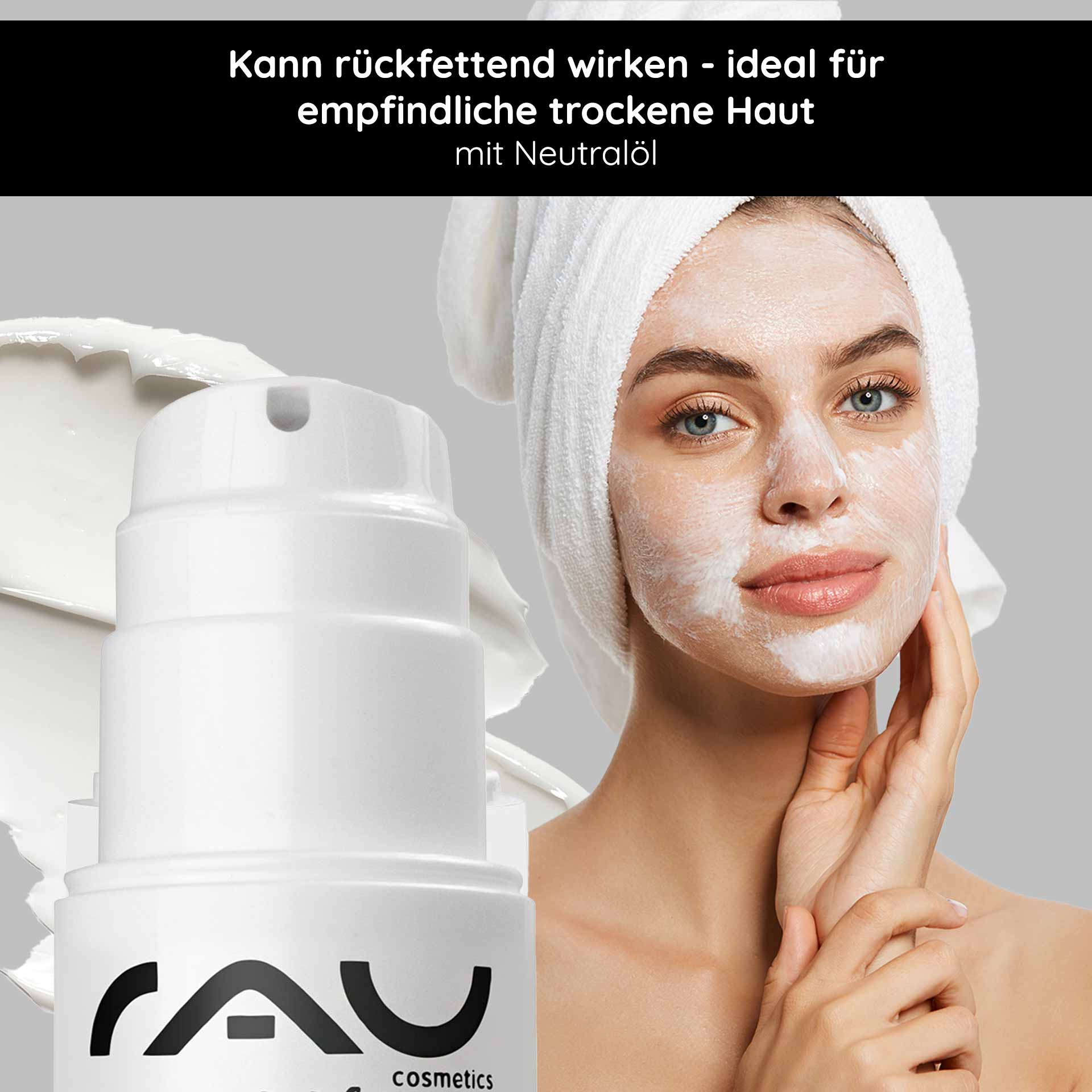 Beta Glucan Recovery Mask 200 ml Mask for Irritated Skin RAU Cosmetics Beta Glucan Recovery Mask mit Modell, das eine beruhigende Maske für empfindliche, gereizte Haut aufträgt, mit Schwerpunkt auf Feuchtigkeitsversorgung und Unterstützung der Hautbarriere.