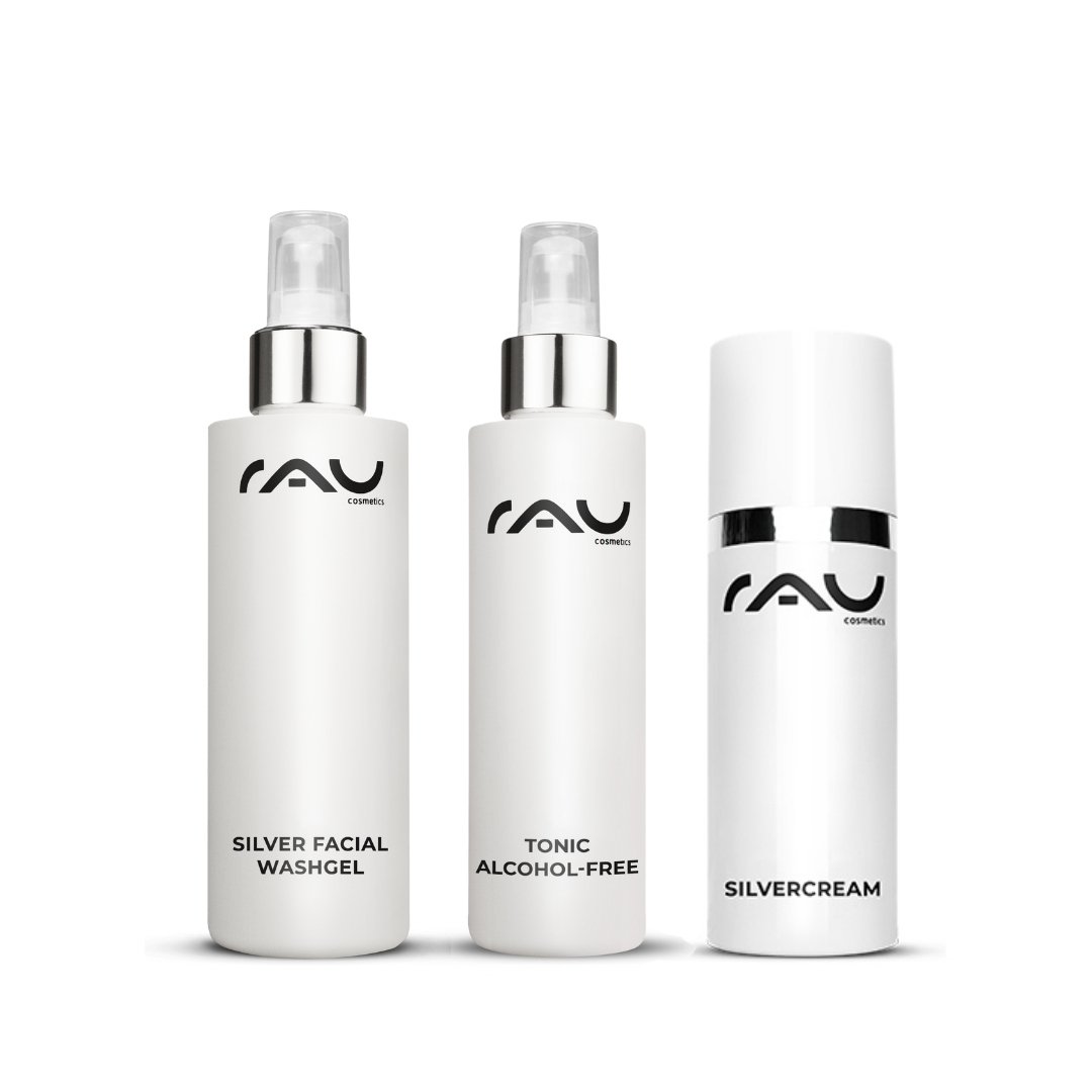 Basic skincare routine for couperose with RAU Cosmetics products: Silver Wash Gel, alcohol-free tonic, and Silver Cream in elegant packaging.