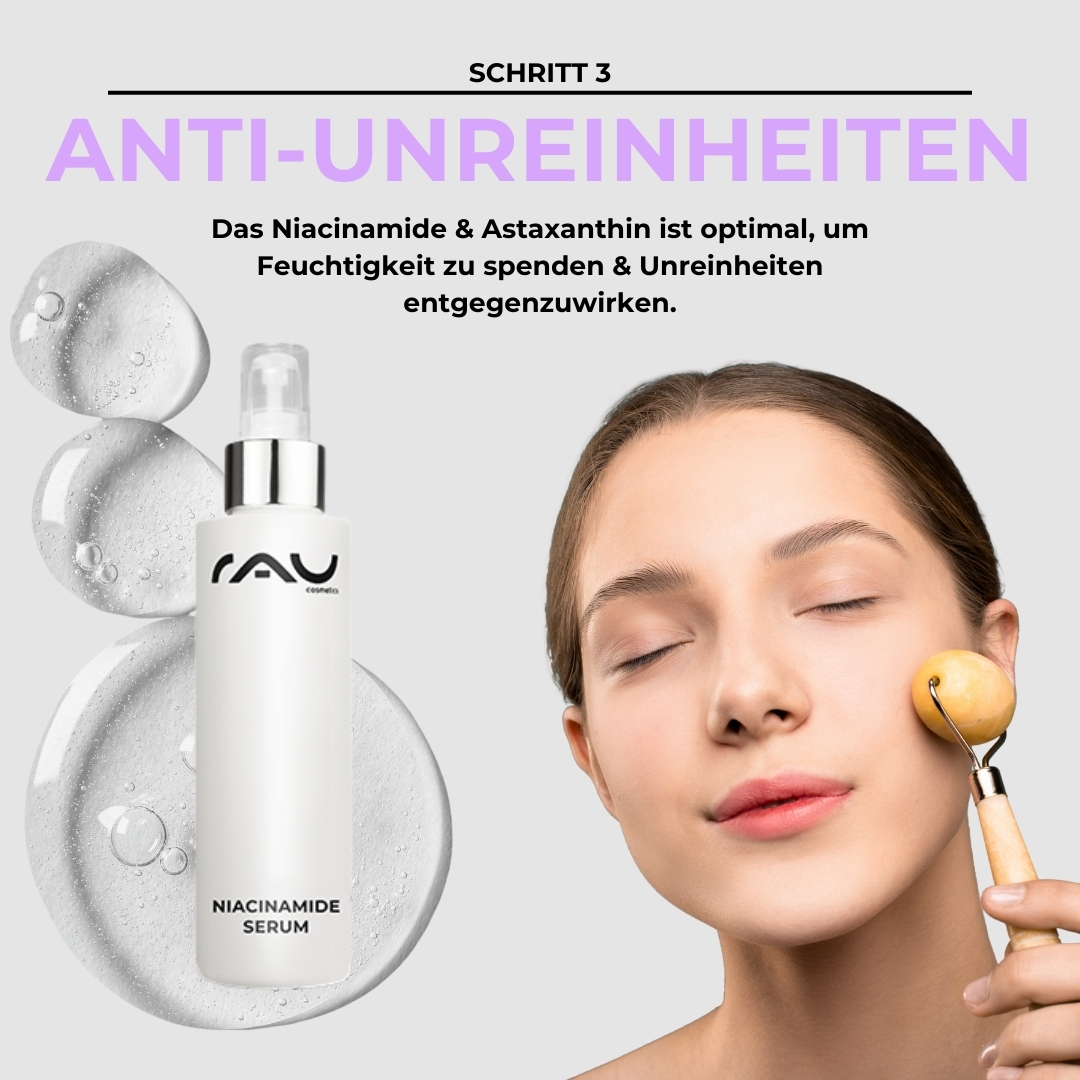 Advanced care routine for impure dry skin Frau mit geschlossenen Augen, die Niacinamid-Serum von RAU Cosmetics auf ihrem Gesicht anwendet, um Feuchtigkeit zu spenden und Unreinheiten zu bekämpfen, umgeben von Wassertropfen.