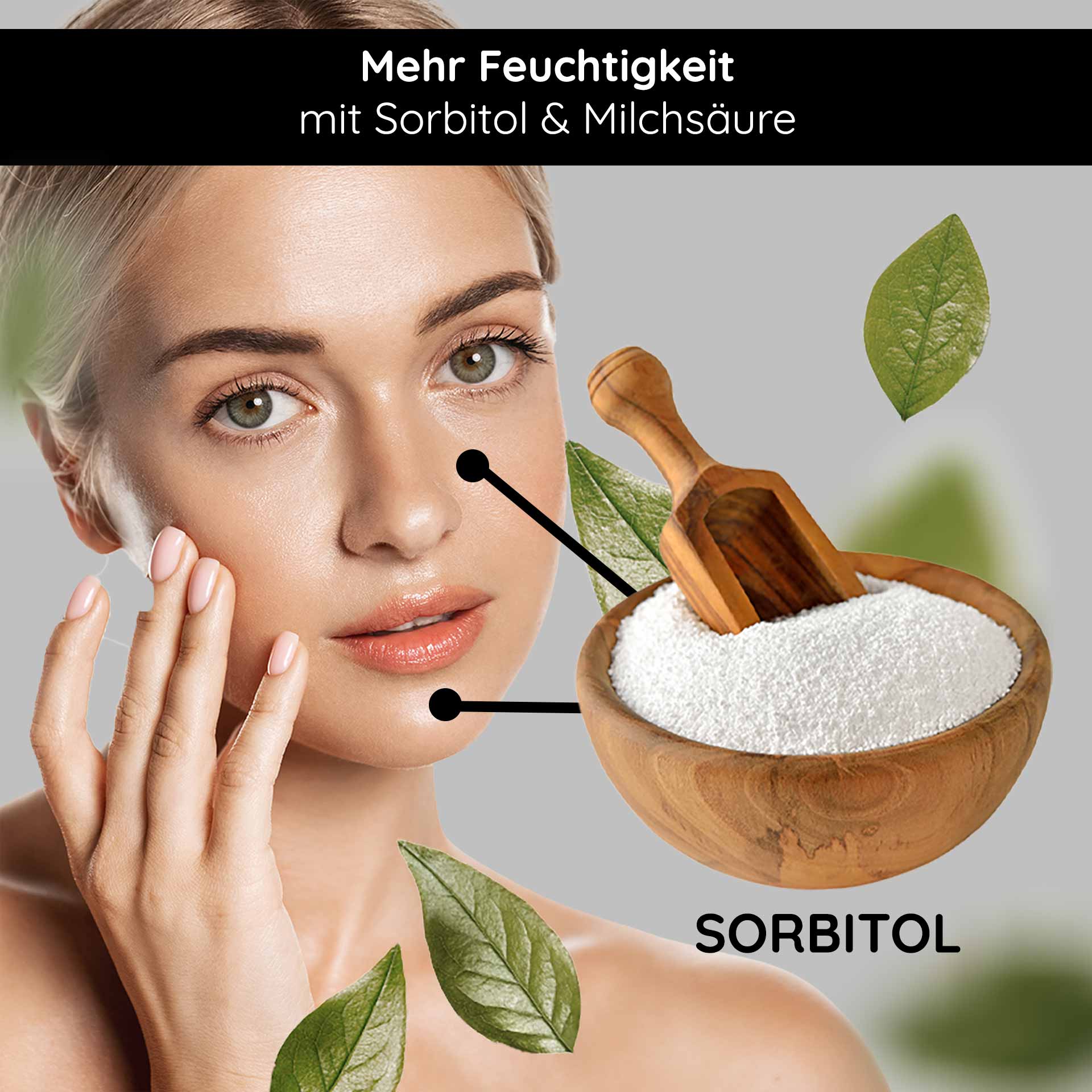 Calming & Repair Mask 200 ml Calming Mask Frau mit strahlender Haut berührt ihr Gesicht, umgeben von Blättern und einer Schüssel mit Sorbitol, hervorgehoben durch den Text "Mehr Feuchtigkeit mit Sorbitol & Milchsäure", passend zur beruhigenden und regenerierenden Wirkung der RAU Cosmetics Calming