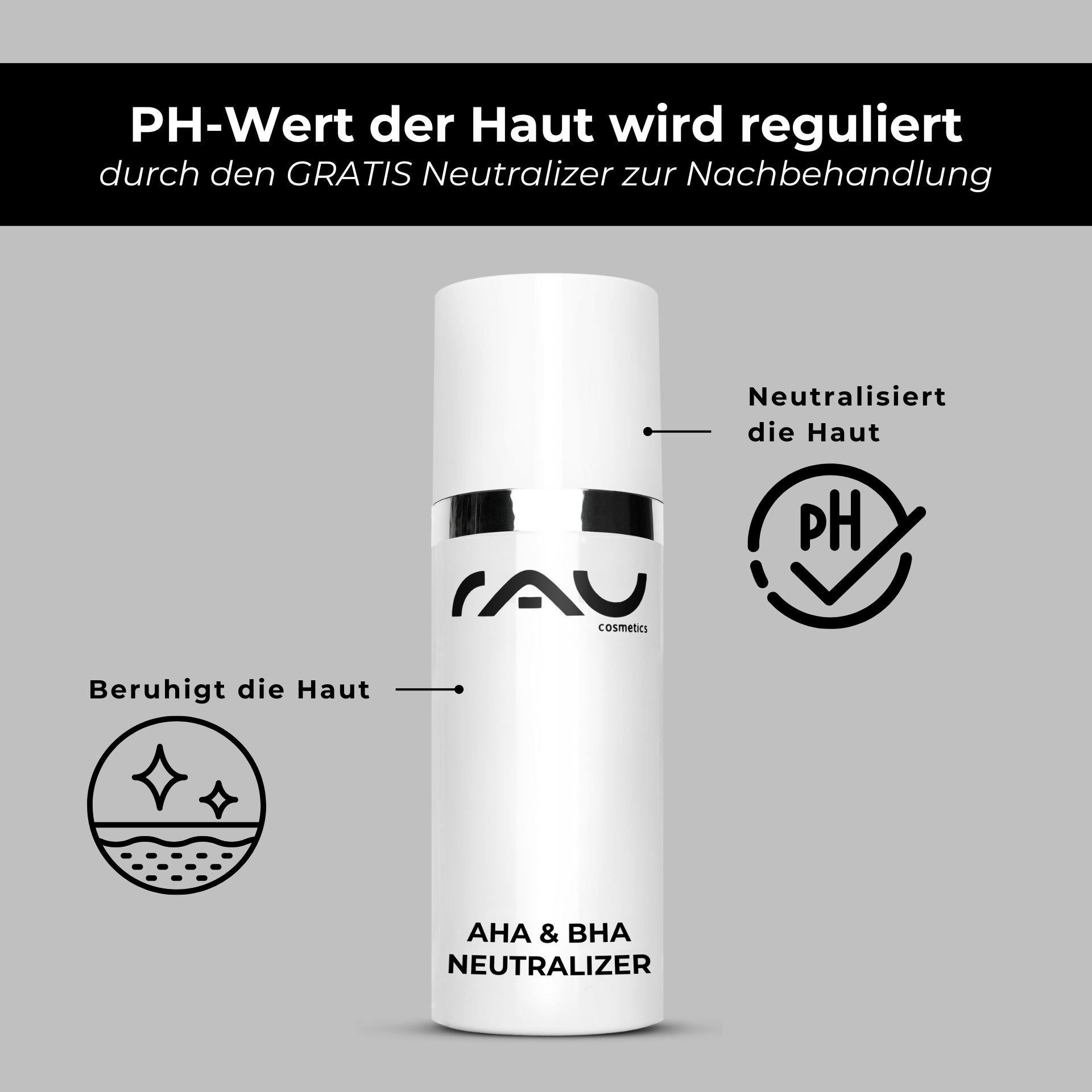 AHA Neutralizer 200 ml to neutralise the skin Flasche mit AHA- und BHA-Neutralisator von RAU Cosmetics, die die pH-Regulierung und hautberuhigende Wirkung nach chemischen Peelings fördert und mit klarem Branding und Symbolen zur Veranschaulichung der Funktionen ausgestattet ist.